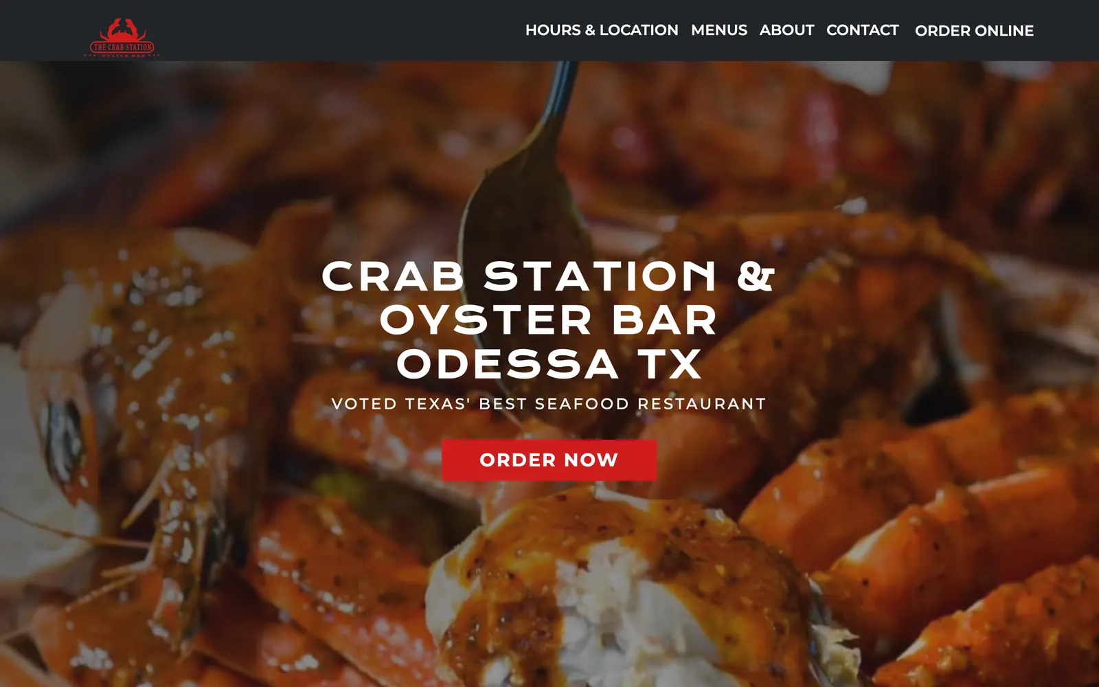The Crab Station & Oyster Bar homepage: the restaurant's name over a close-up of a seafood boil, with a red Order Now button
